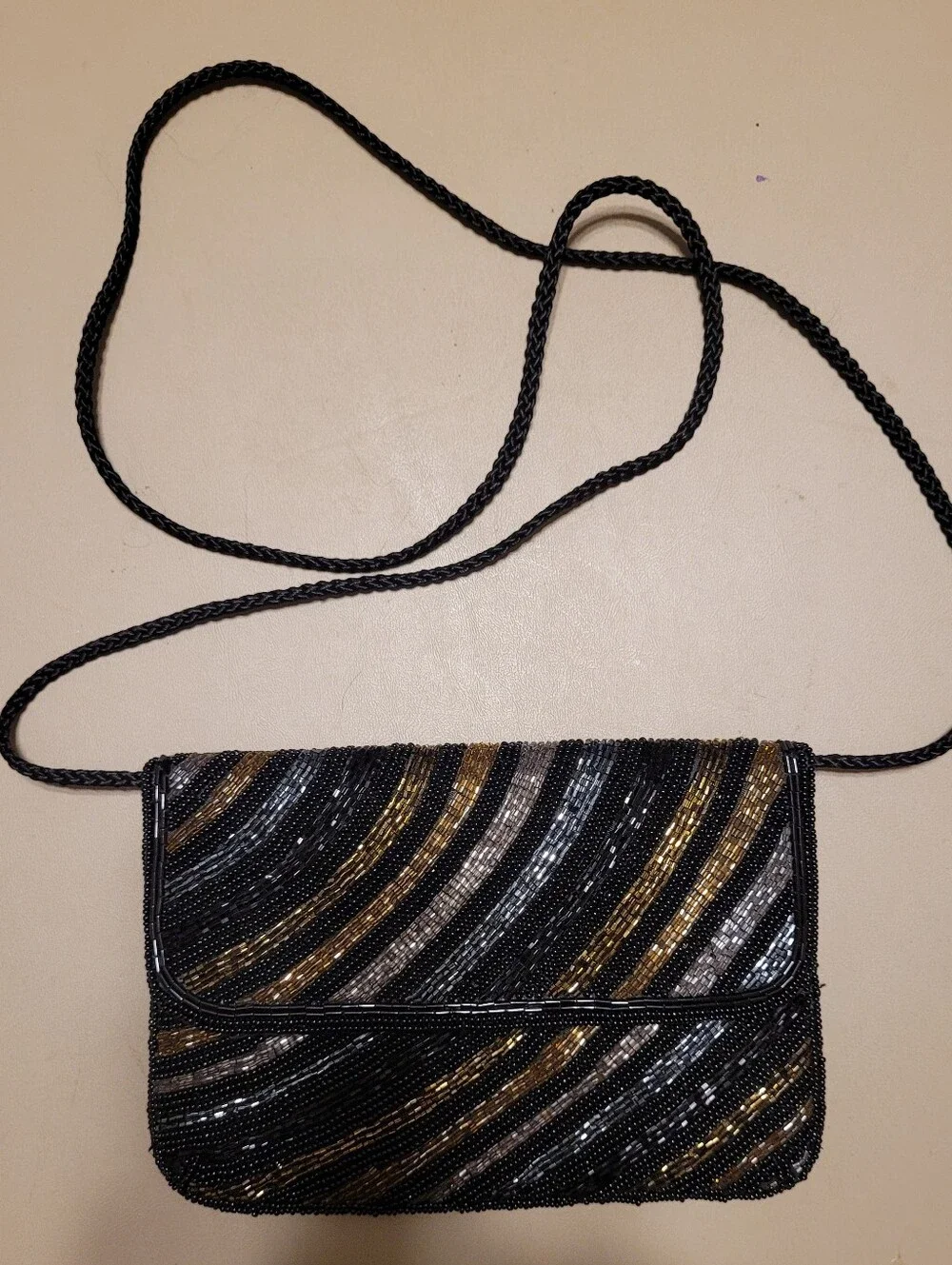 Black Beaded Evening Bag with Gold & Silver Accents.